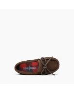 Childrens Dark Brown Suede leather boat sole Moc with a red and black plaid lining.Minnetonka moccasin